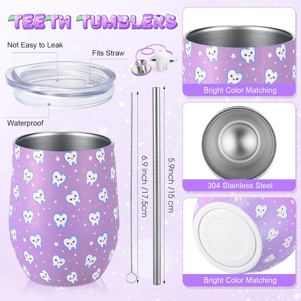 Sliner 4 Pcs Dental Assistant Gifts Set 12 oz Purple Teeth Stainless Steel Tumbler Cosmetic Bag Tooth Shape Keychain Novelty Tooth Sock Dental Hygienist Gifts for Nurse Dentist Christmas Graduation