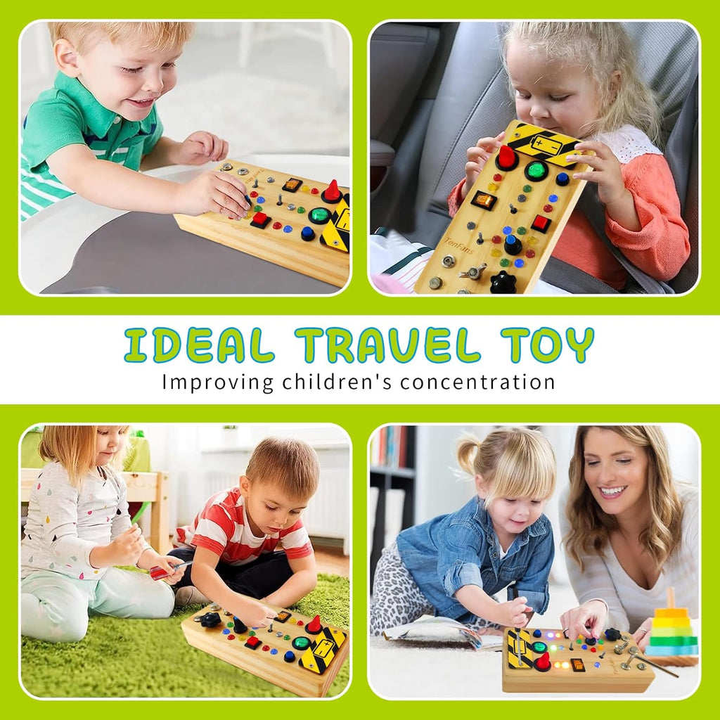 TenFans Montessori Busy Board with 8 LED Light Modes - Sensory Toys for 3-5 Year Olds & Airplane Travel, Wooden Activity Board Develops Fine Motor Skills
