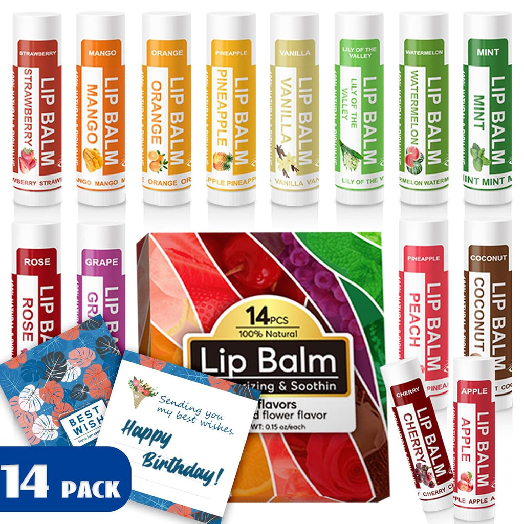 Yopela 14 Pack Natural Lip Balm in Bulk with Vitamin E and Coconut Oil - Moisturizing, Soothing, and Repairing Dry and Chapped Lips Valentine's Gift - 14 Flavors - Non-GMO - With Greeting Card