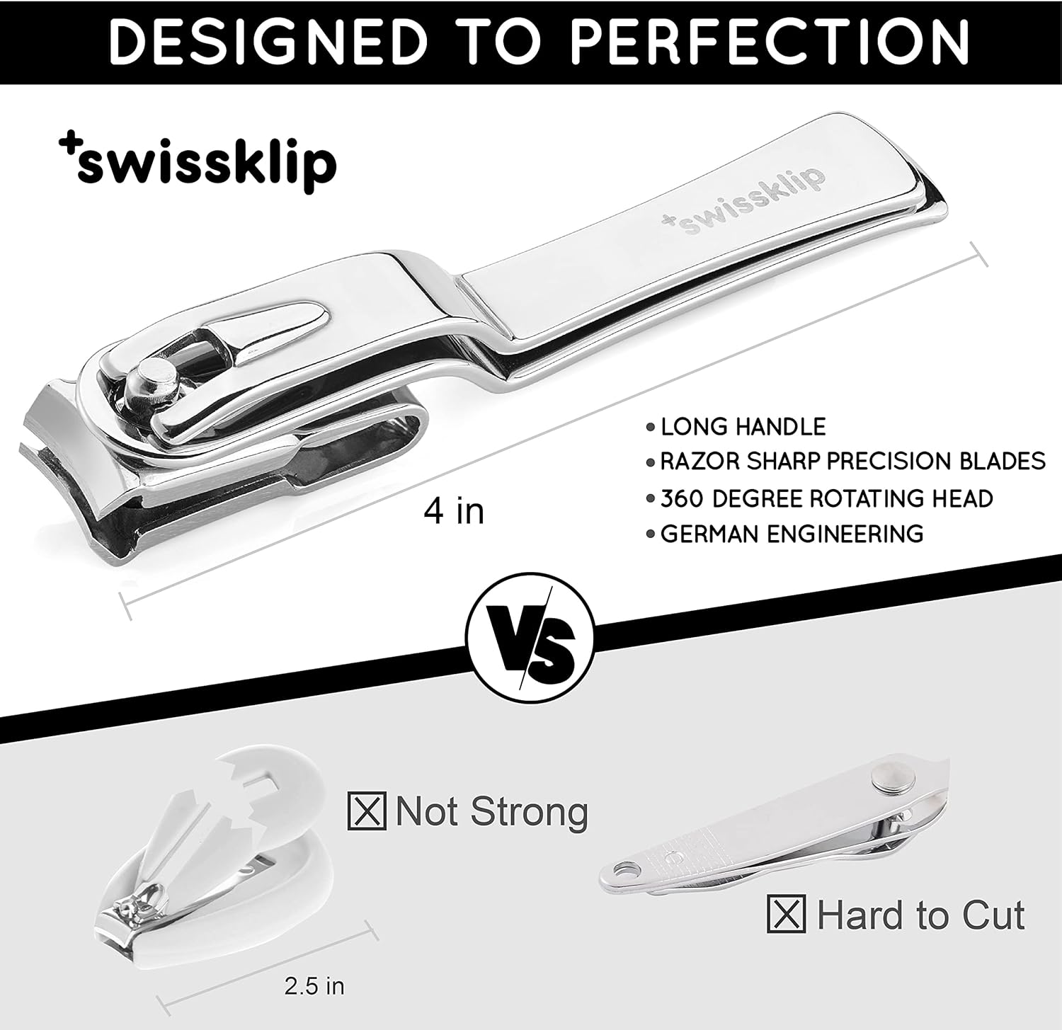 Swissklip Nail Clippers for Men & Women I Finger Nail Clippers for Adult with 360 Degree Rotating Head I Fingernail Clippers for Women I Surgical-Grade Stainless Steel Material (3 Pack)