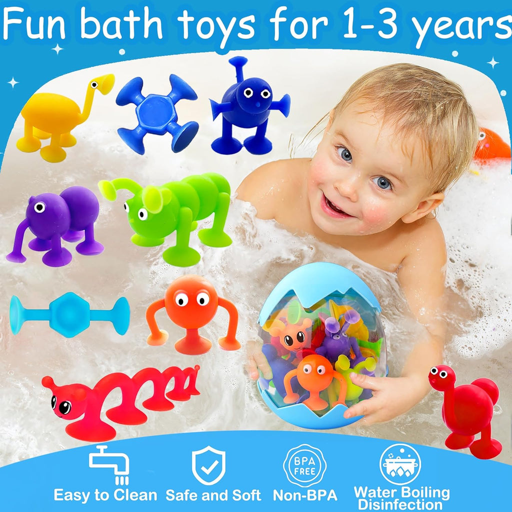 Suction Bath Toys for Kids Age 1-3 3-5, Suction Cup Bathtub Toy Mold Free Party Favor Goody Prize With Eggshell Storage Toddler Silicone Water Table Sensory Travel Window for 2 3 4 5 Year Old Boy Girl