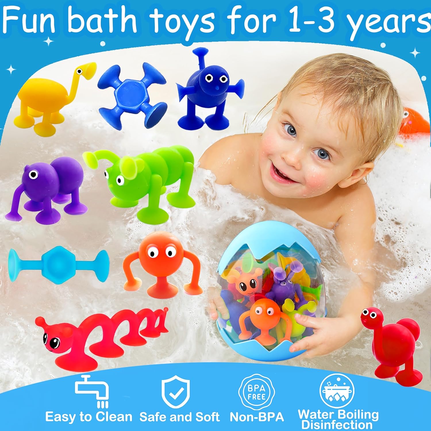 Suction Bath Toys for Kids Age 1-3 3-5, Suction Cup Bathtub Toy Mold Free Party Favor Goody Prize With Eggshell Storage Toddler Silicone Water Table Sensory Travel Window for 2 3 4 5 Year Old Boy Girl