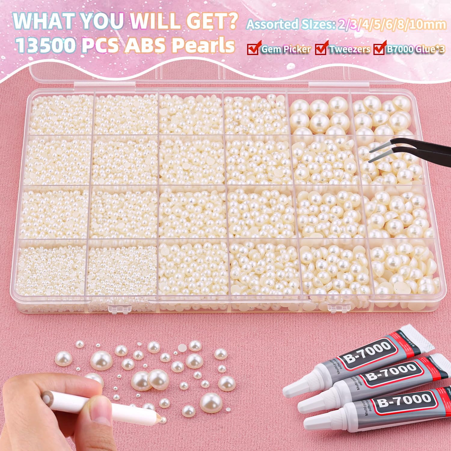 13500Pcs Flatback Pearls for Bedazzling (Beige) with 3Pcs B7000 Jewelry Glue, Assorted Size 2/3/4/5/6/8/10mm Half Pearl, Bedazzling Gems for Crafting Clothing Tumbler Shoes Embellishment Nail Art