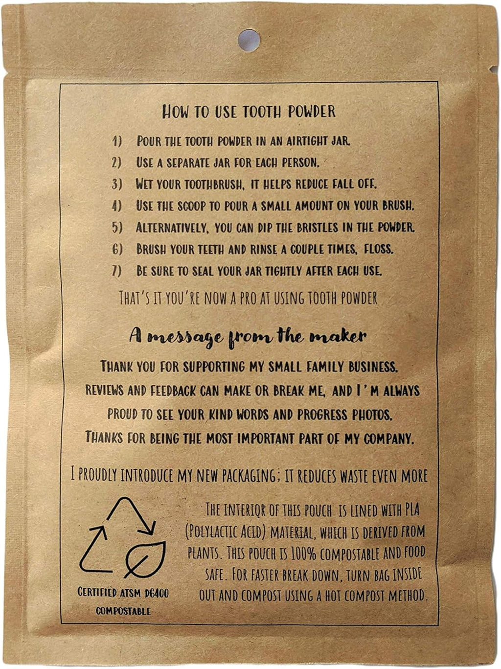 Zero Waste up to 6 Month Supply Organic Vegan Fluoride Free Tooth Powder Peppermint Flavor- Ships Without Any Plastic Packaging I Natural Whitening I Stronger Teeth