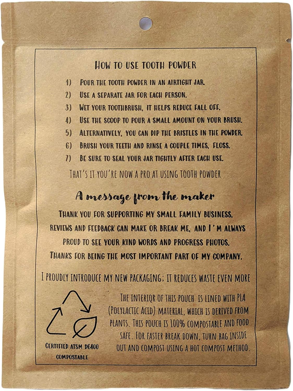 Zero Waste up to 6 Month Supply Organic Vegan Fluoride Free Tooth Powder Peppermint Flavor- Ships Without Any Plastic Packaging I Natural Whitening I Stronger Teeth