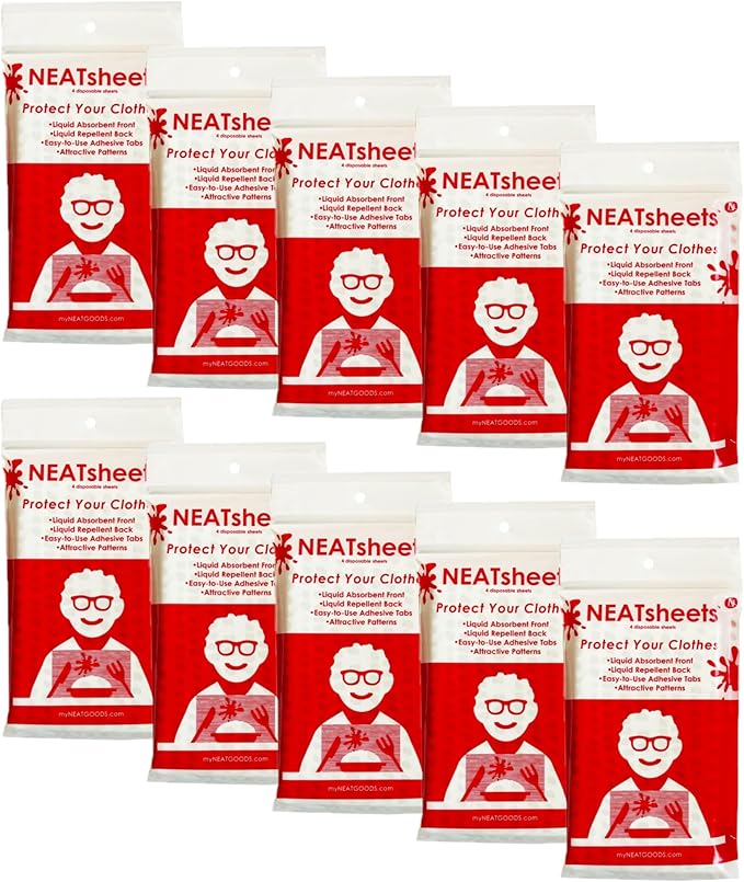 Disposable Bibs for Adults, Kids & Seniors | Adhesive Tab Napkins for Eating, Personal Use, Travel & Commuting | Spill Absorbent, Stain/Liquid Repellent | Blue Ticking 4 Count