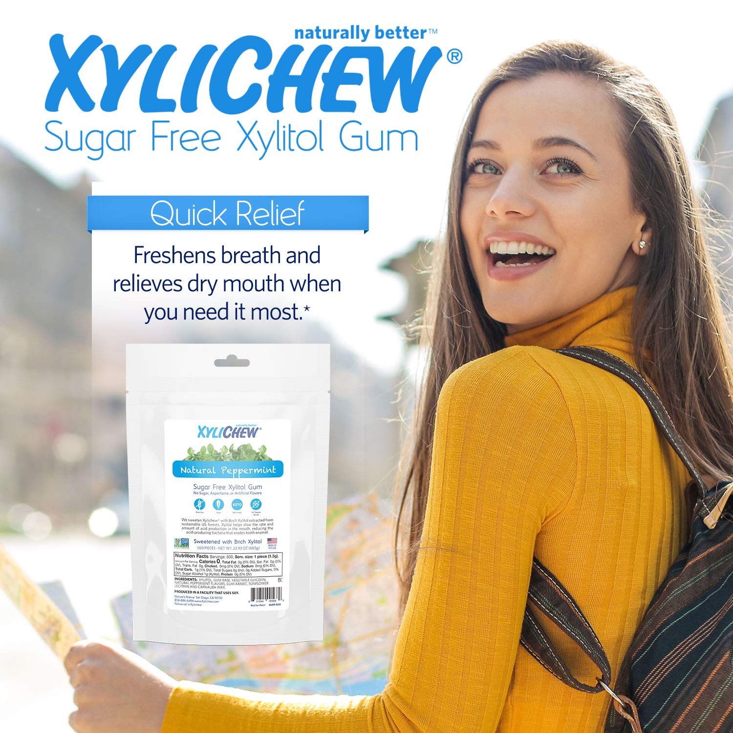 Xylichew 100% Xylitol Chewing Gum - Non GMO, Non Aspartame, Gluten Free, and Sugar Free Gum - Natural Oral Care, Relieves Bad Breath and Dry Mouth - Peppermint, 500 Count