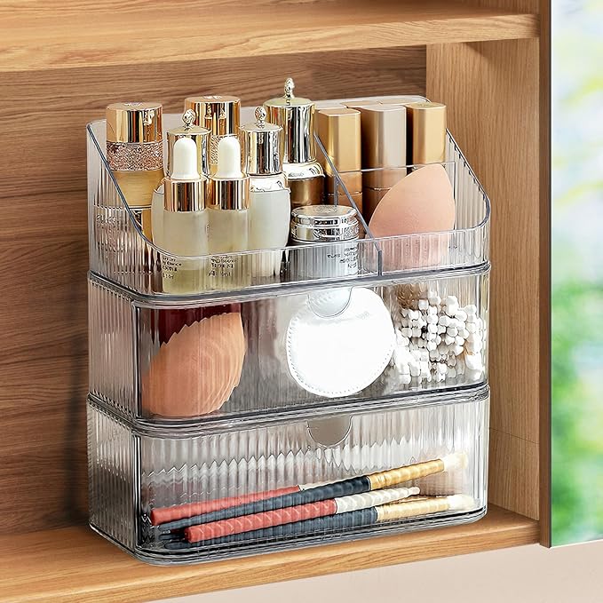 Medicine Cabinet Organizer 3 Tier, Stackable Bathroom Mirror Cabinet Storage，Small Makeup Organizers with 2 Drawer and 1 Tray for Wall Cabinet， Closet， Vanity, Countertop, Clear