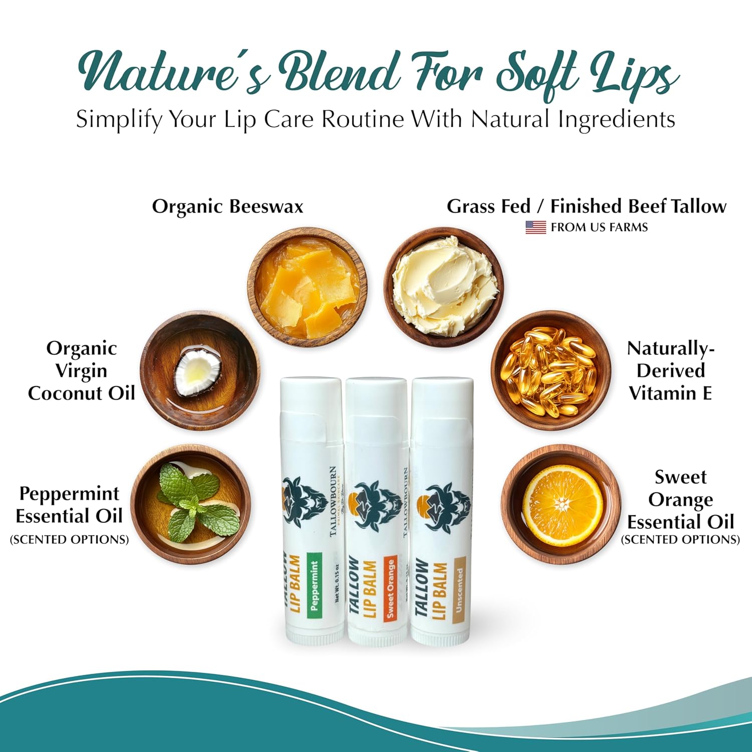 Moisturizing Tallow Lip Balm – Grass-Fed Beef Tallow with Organic Coconut Oil, Beeswax, and Vitamin E – Lip Balm Set – Variety Pack – Travel Essential – 3-Pack