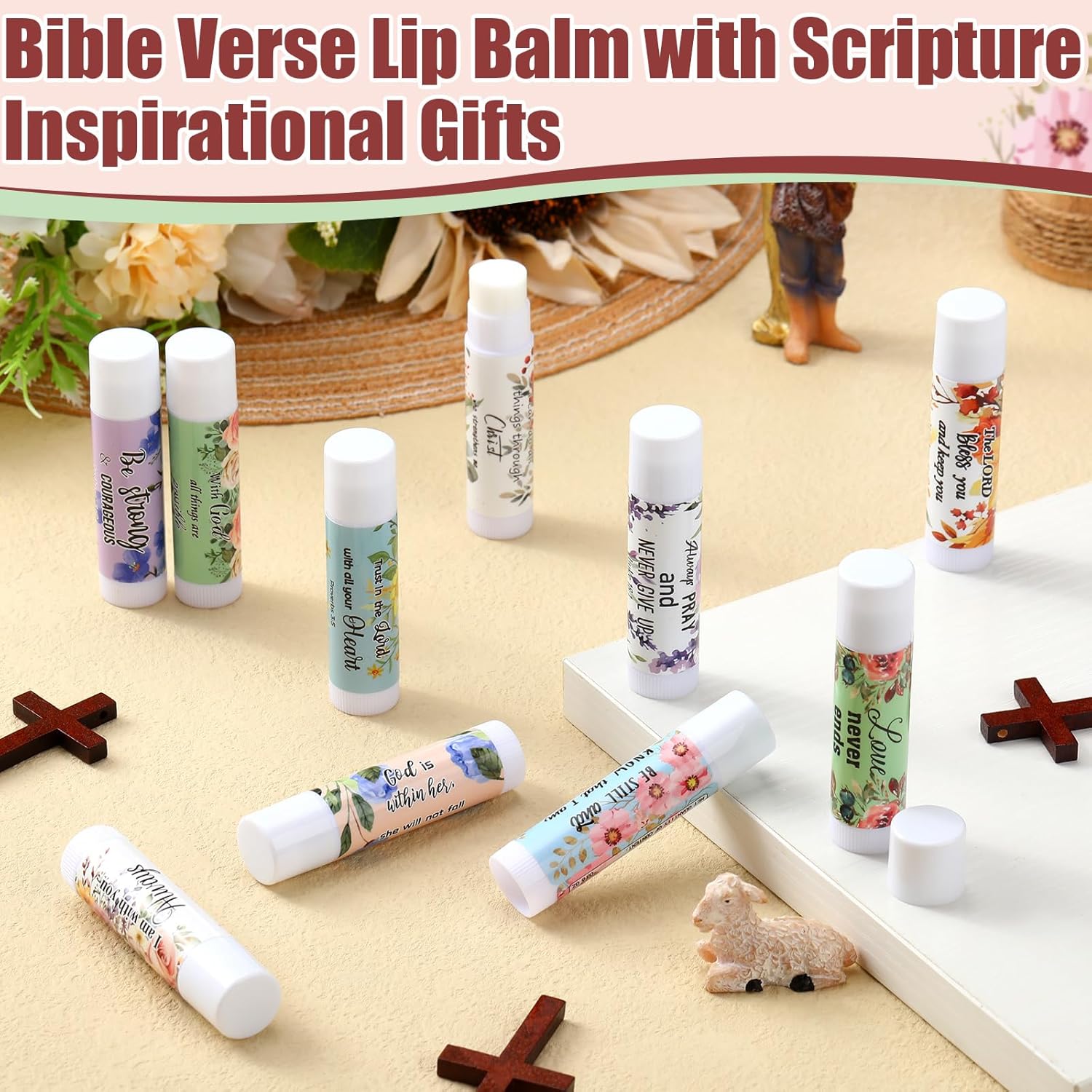 50 Pack Christian Religious Gifts Bulk Lip Balms for Women Men Church Party Favors Bulk Bible Verse Lip Balm with Scripture Inspirational Gifts for Coworkers Staff Employee (Christian Floral)