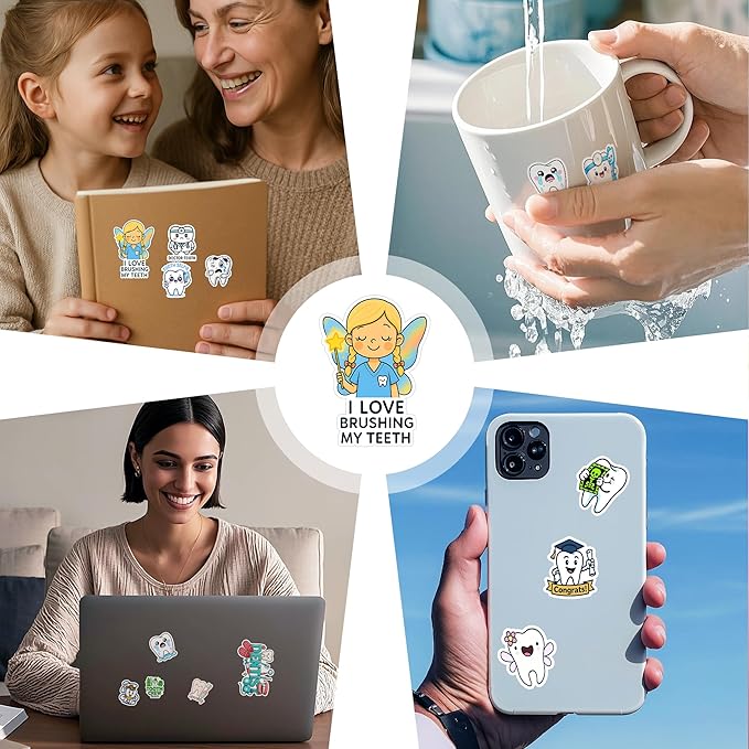 100 PCS Dentist Tooth Stickers Pack – Cute Teeth Dental Hygiene Vinyl Waterproof Decals for Kids, Teens, Adults, Dentist Students, Scrapbook, Laptop, Water Bottle, Car, Hard Hat