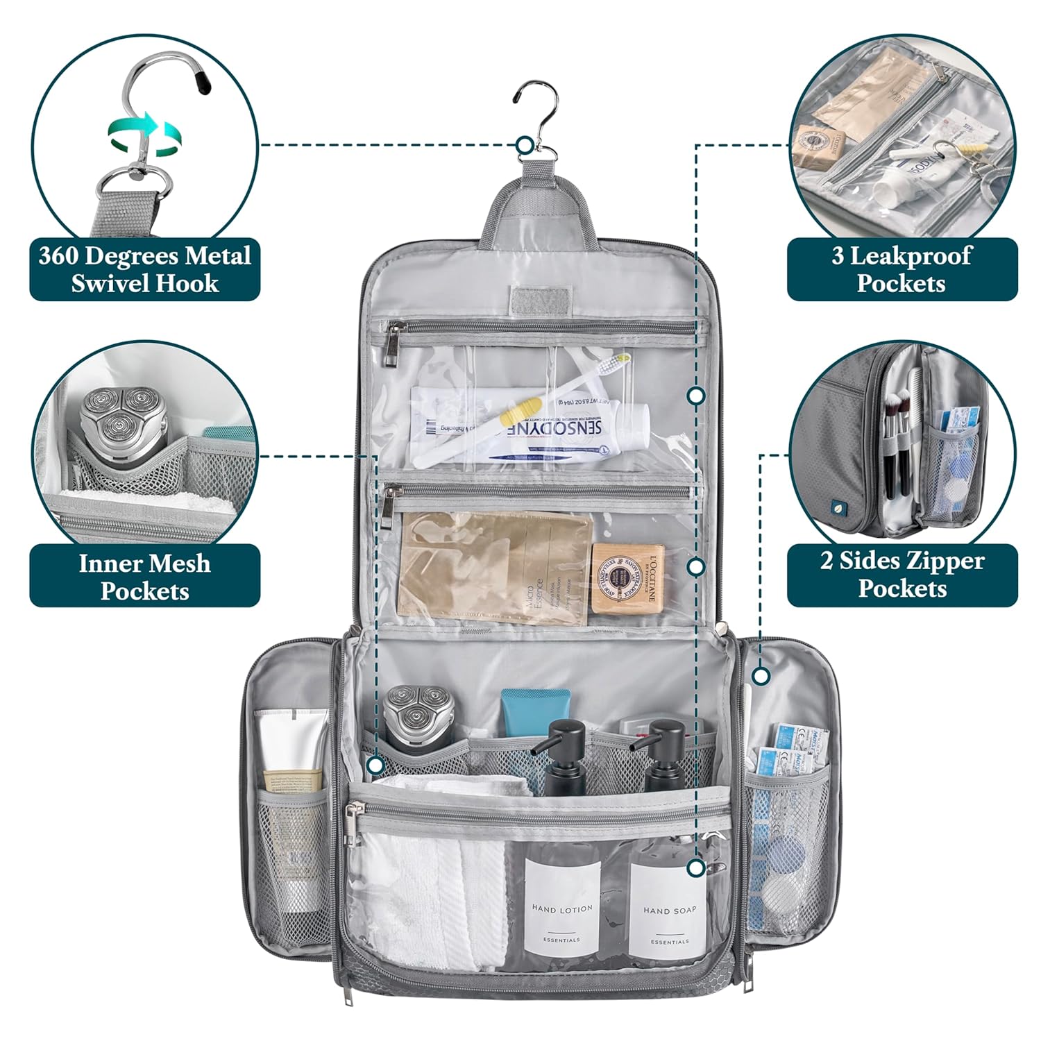 PAVILIA Large Hanging Toiletry Bag Travel Bag Women Men, Cosmetic Organizer, Water Resistant Makeup Bag Accessories Toiletries, Travel Essentials Kit, Grey