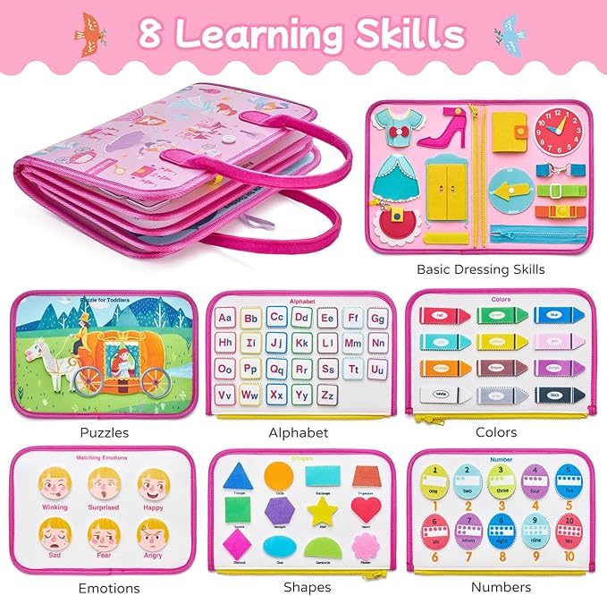 Freebear Deluxe Pink Princess Quiet Book Sensory Board for Toddlers 1-4, Montessori Educational Toys for Girls, Travel Toys with Activities