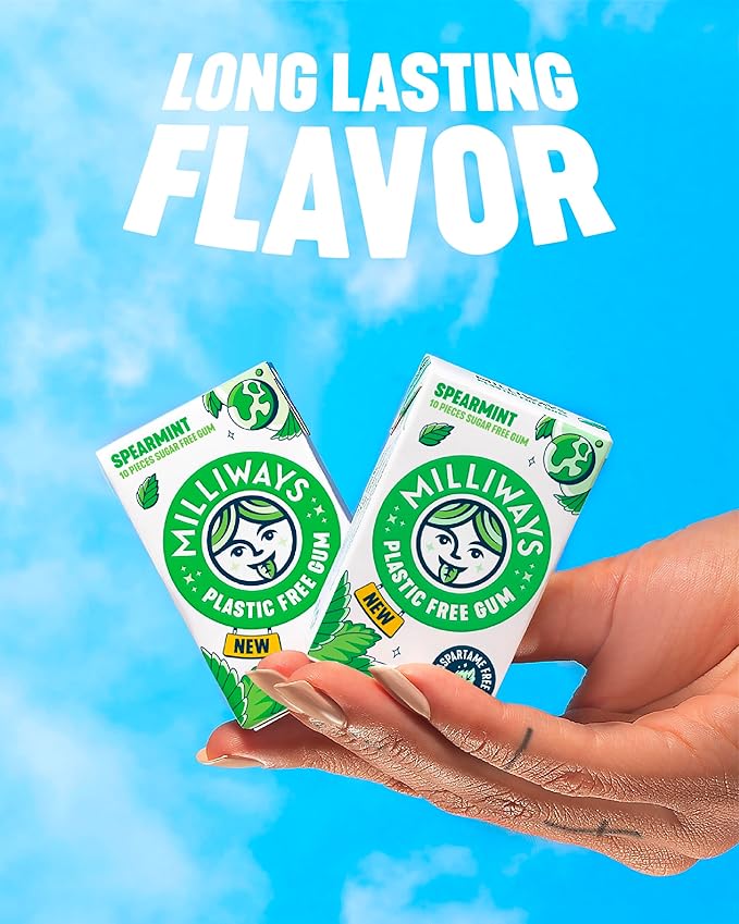 Milliways Spearmint | Plastic Free Gum | Xylitol, Aspartame-Free, Sugar-Free, Plant-Based, Natural Chewing Gum | 120 Pieces Total (12 Packs of 10 Pieces)