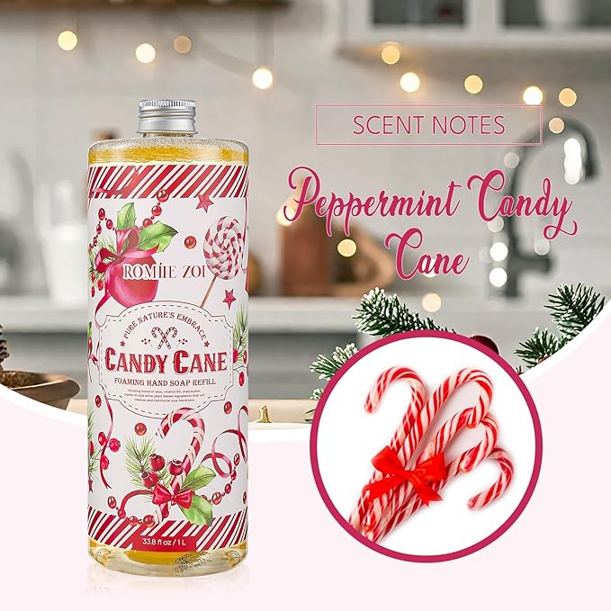 ROMIIE ZOI Christmas Foaming Hand Soap Refill- Candy Cane - Infused with Peppermint Candy Cane Aroma, Gentle & Moisturizing Formula for Home & Kitchen, 1 L/ 33.8 FL OZ