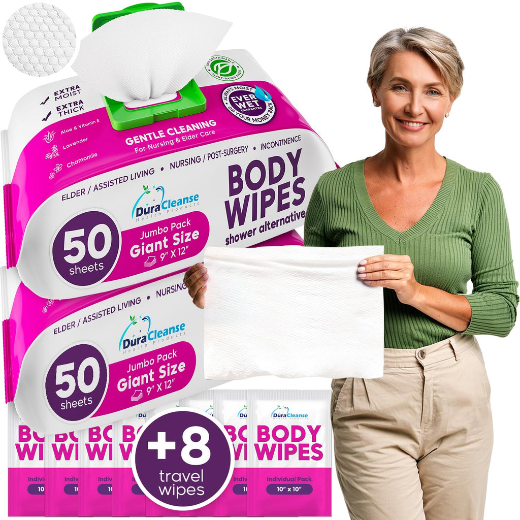 XL Bath Wipes for Adults No Rinse (2 Pack) – 100 Count + 8 Travel Body Wipes, 10" x 11.5" Disposable Washcloths for Elderly Incontinence, After Surgery and Elder Care