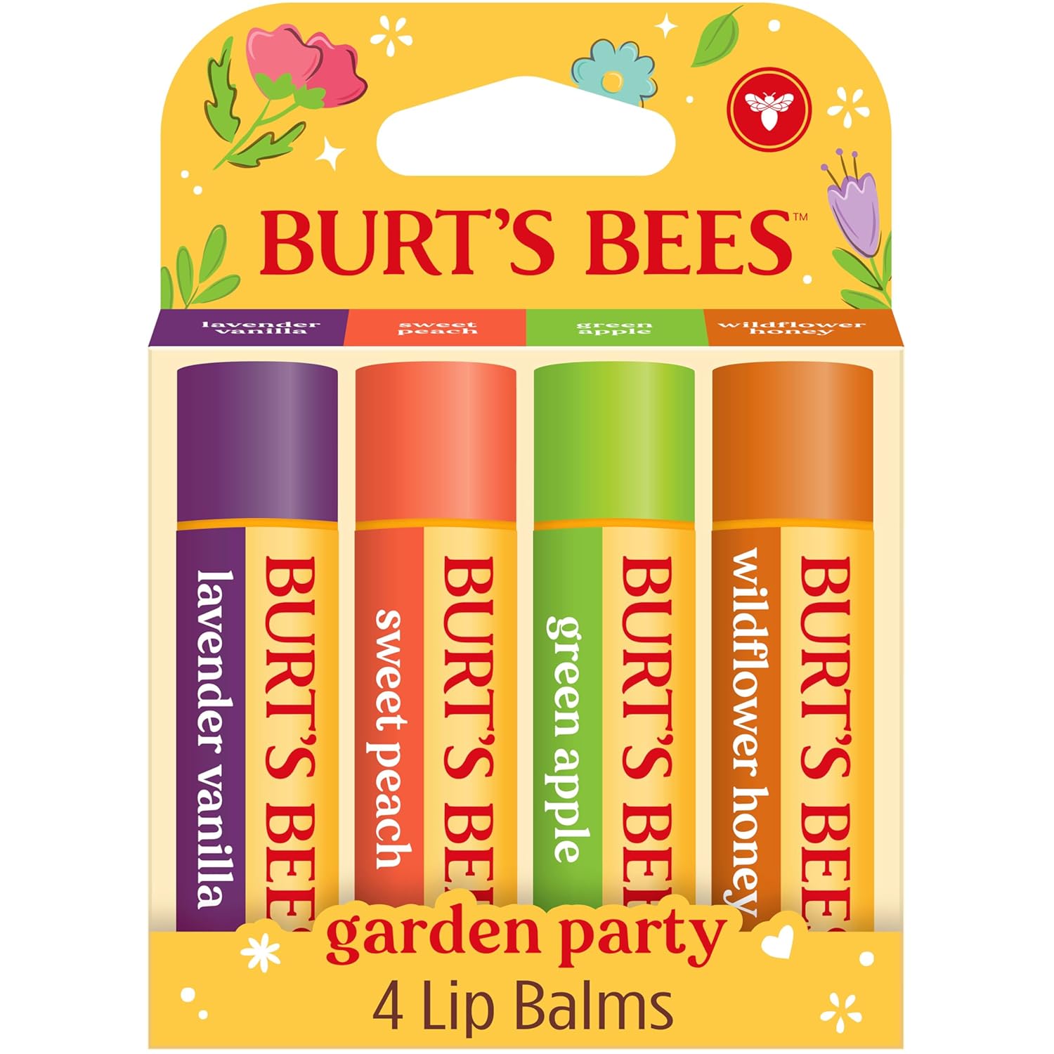 Burt's Bees Christmas Gifts - Garden Party Lip Balm Set for Stocking Stuffers, With Responsibly Sourced Beeswax, Natural Origin Lip Treatment, 4 Tubes, 0.15 oz.