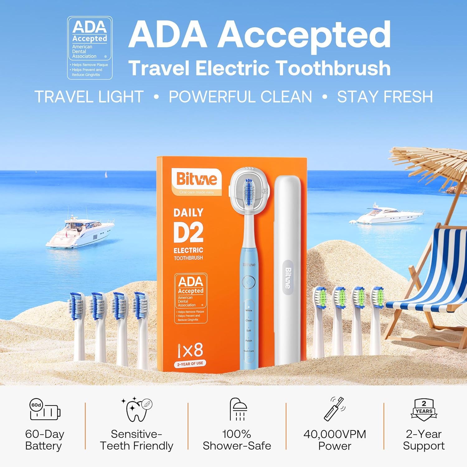 Bitvae ADA Accepted Electric Toothbrush, Travel Toothbrush Rechargeable for Adults and Kids, 60-Day Battery, 5 Modes, 8 Heads, Portable Travel Case & Holder, Sky Blue