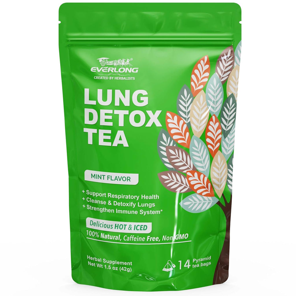 EVERLONG Lung Detox Tea – Mullein Tea with Thyme, Ginseng, Lungwort, Eucalyptus, Liquorice, Spearmint and Sage for Lung Cleanse and Respiratory Health – 14 Herbal Tea Bags, All Natural, Caffeine-Free