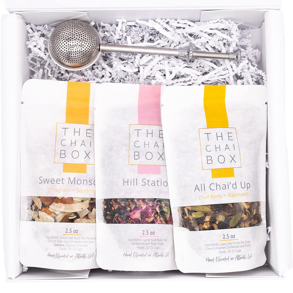 The Chai Box Top Selling Loose Leaf Tea Gift Set - Featured in Oprah's Favorite Things | 3-Flavor Caffeinated Chai Tea Gift Box with Stainless Steel Steeper (3 Pack) | Small Batch Loose Leaf Tea with Whole, Premium Spices