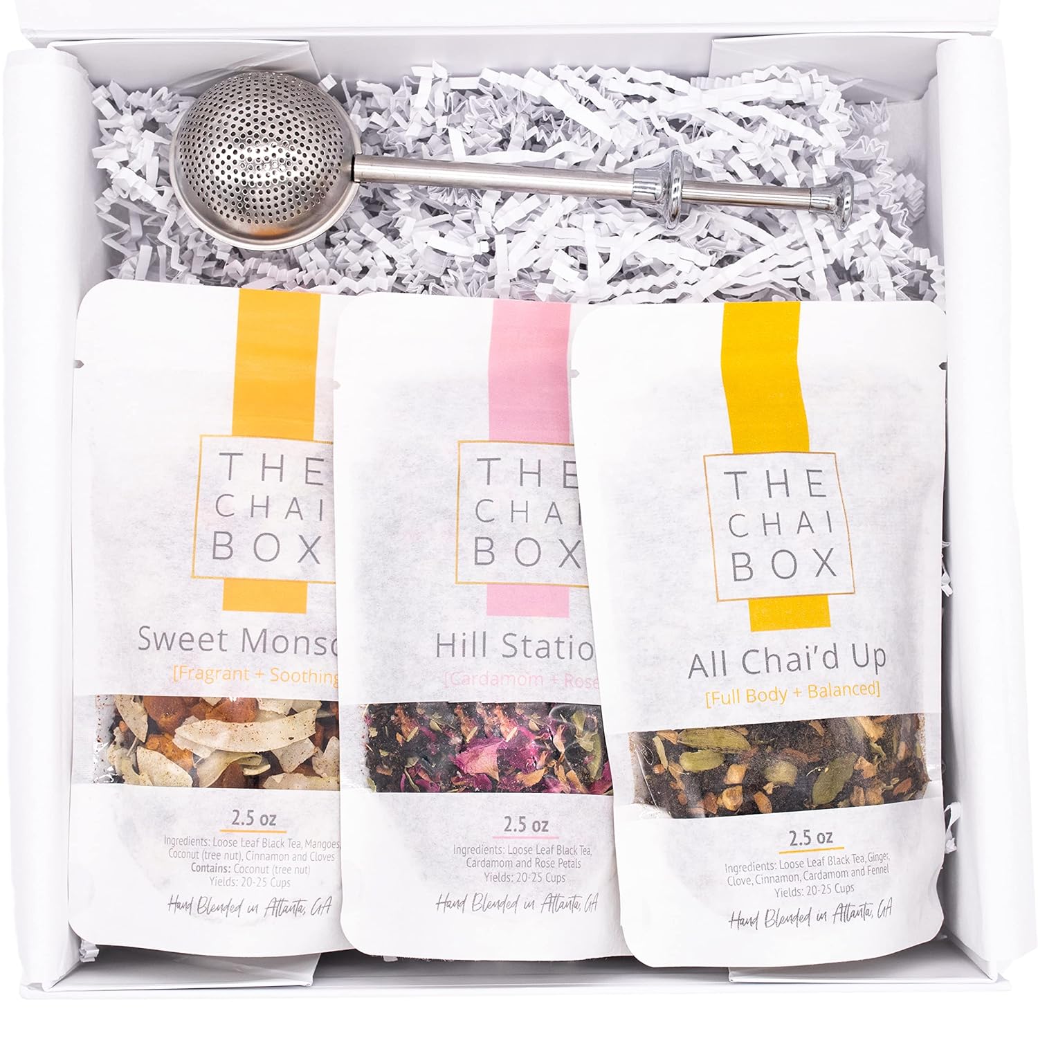 The Chai Box Top Selling Loose Leaf Tea Gift Set - Featured in Oprah's Favorite Things | 3-Flavor Caffeinated Chai Tea Gift Box with Stainless Steel Steeper (3 Pack) | Small Batch Loose Leaf Tea with Whole, Premium Spices