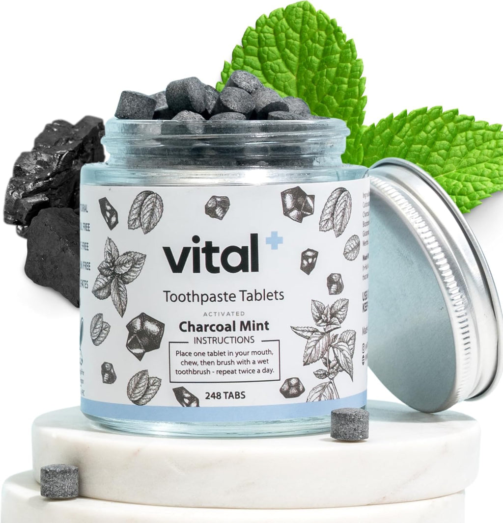 Vital Toothpaste Tabs with Nano-Hydroxyapatite | Naturally Whitens + Remineralizes Teeth | Fluoride & Plastic Free | Combats Sensitivity | Travel & Eco Friendly | Charcoal Mint | 248 Tablets (4 Month)