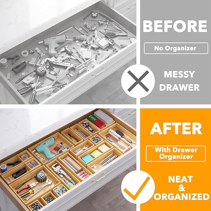 SpaceAid 21-Piece Bamboo Drawer Organizer Storage Boxes Set, Wood Tray Junk Drawer Organizers Multi-Use Divider Bins for Kitchen, Bathroom, Office Desk and Makeup Organization (21 Pack, Natural)