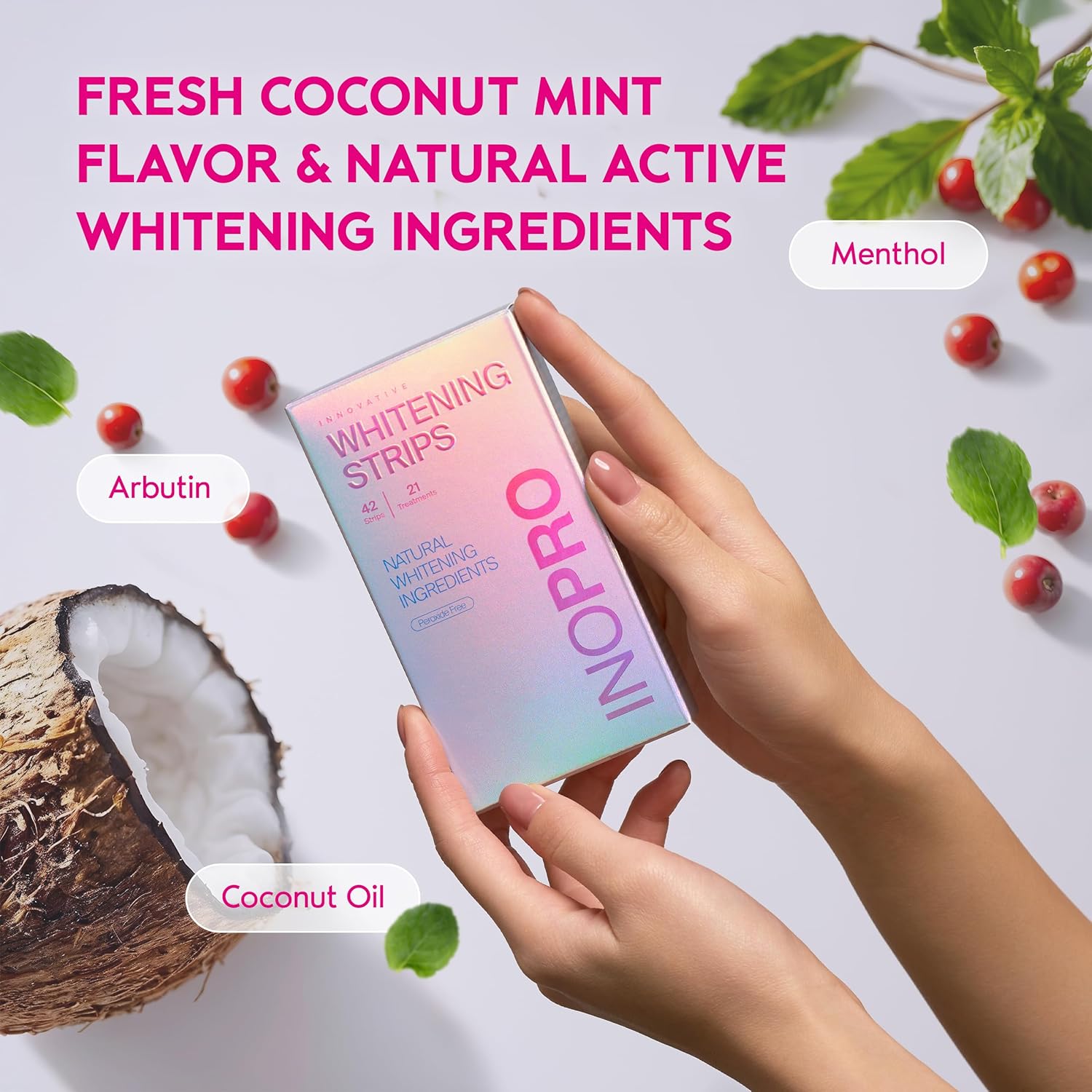 InoPro Teeth Whitening Strips 21 Treatments Kit - Teeth Whitener, Peroxide Free, Green White Strips for Teeth Whitening with Arbutin, Coconut Oil, Deep Stains Removal (42 Strips)
