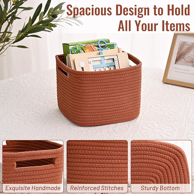 3 Pack Cube Storage Bin, 9”x9”x7” Cotton Rope Woven Baskets for Organizing Toys Clothes Towels, Square Gift Storage Baskets for Shelf, Nursery, Closet, Bathroom, Pantry (Red)