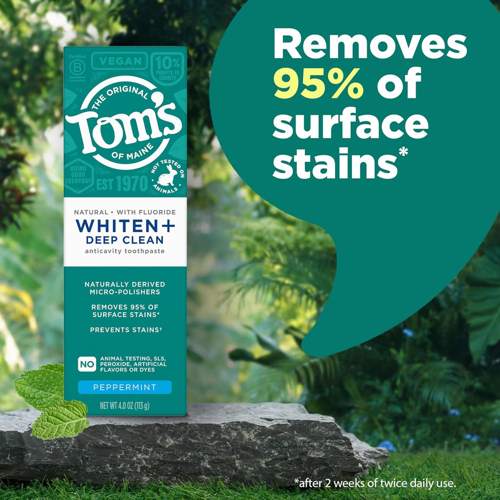 Tom's of Maine Whiten Plus Deep Clean Whitening Toothpaste, Natural Whitening Toothpaste with Plant-Based Cleansers, Enamel Safe, Whitens Without Causing Sensitivity, Peppermint, 4.0 oz (Pack of 3)