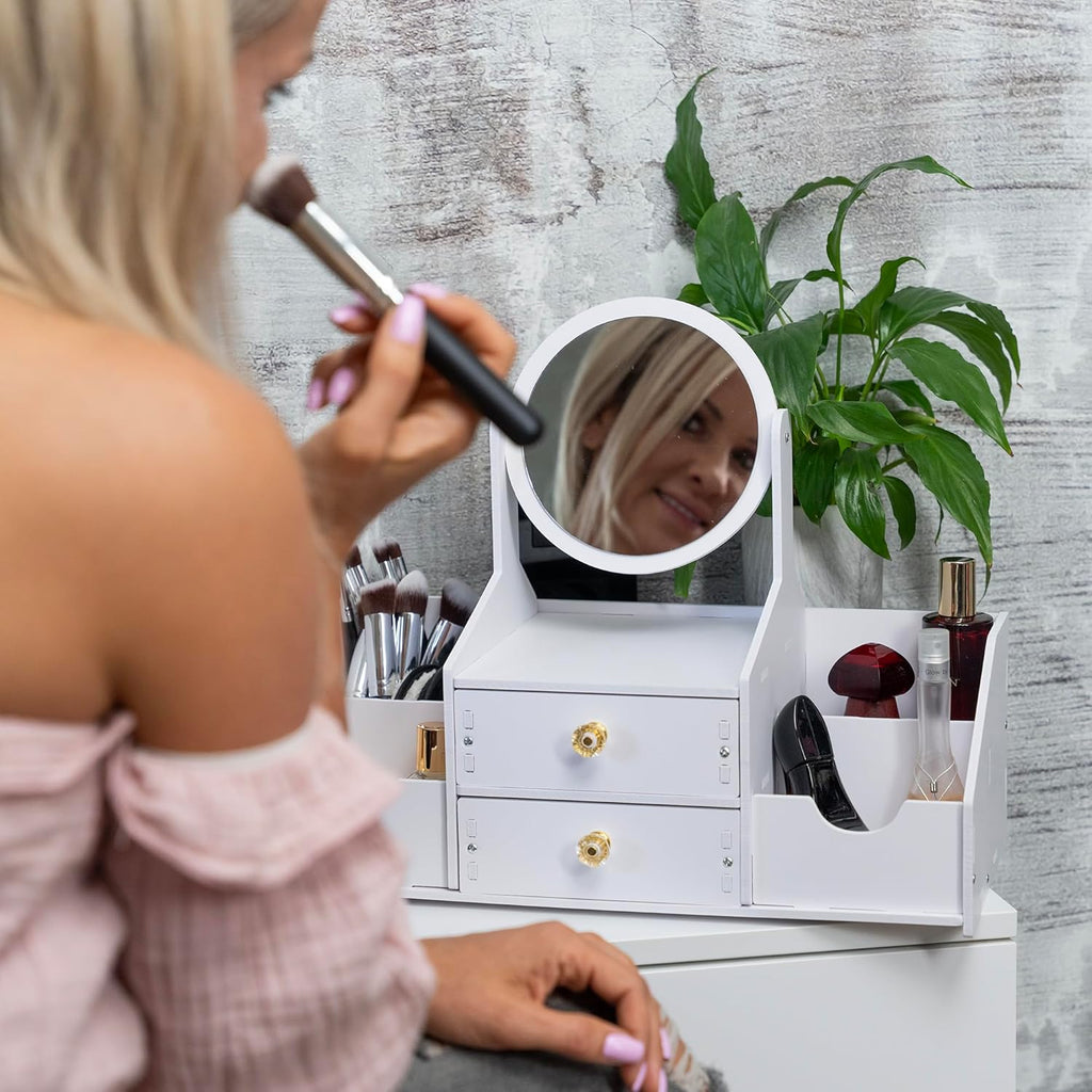 Wooden Makeup Organizer – Countertop Makeup Organizers with Mirror, Drawers – Cosmetic Organizer for Brushes, Skincare – Elegant Make Up Storage Holder for Vanity, Bathroom, Dresser