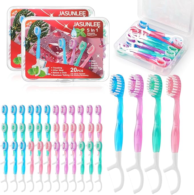 JASUNLEE 40Pack Mini Disposable Toothbrushes with Toothpaste Tongue Scraper Floss Pick 5-in-1 Portable Pre-Pasted Travel Toothbrush On The Go Toothbrush for Kids Adult