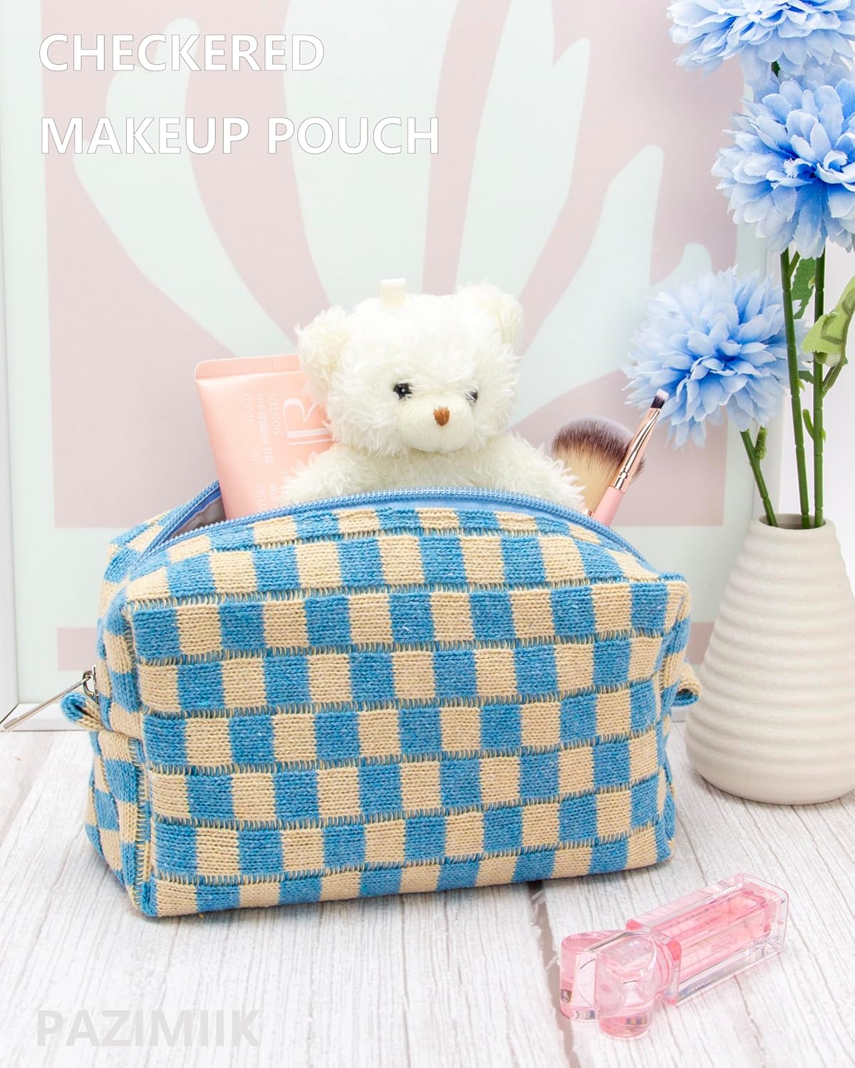 PAZIMIIK 2PCS Checkered Makeup Bag for Purse Portable Zipper Make Up Pouch Small Cosmetic Case for Travel Accessories Blue Beige
