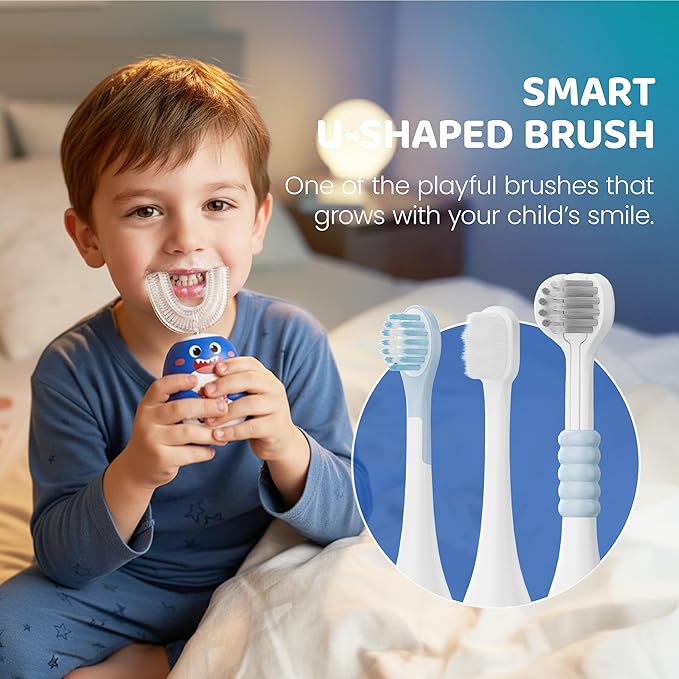 Well Before Ultrasonic Kid's U-Shaped Electric Toothbrush, IPX7 Waterproof, Five Cleaning Modes (Shark, Grey Ages 2-7)