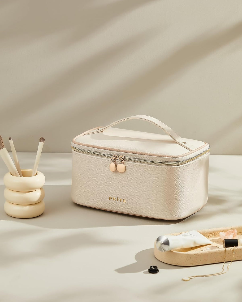 Prite Makeup Bag Portable Cosmetic Organizer with Brush Holder Waterproof Travel Toiletry Bag for Women with Handle and Divider (Beige)