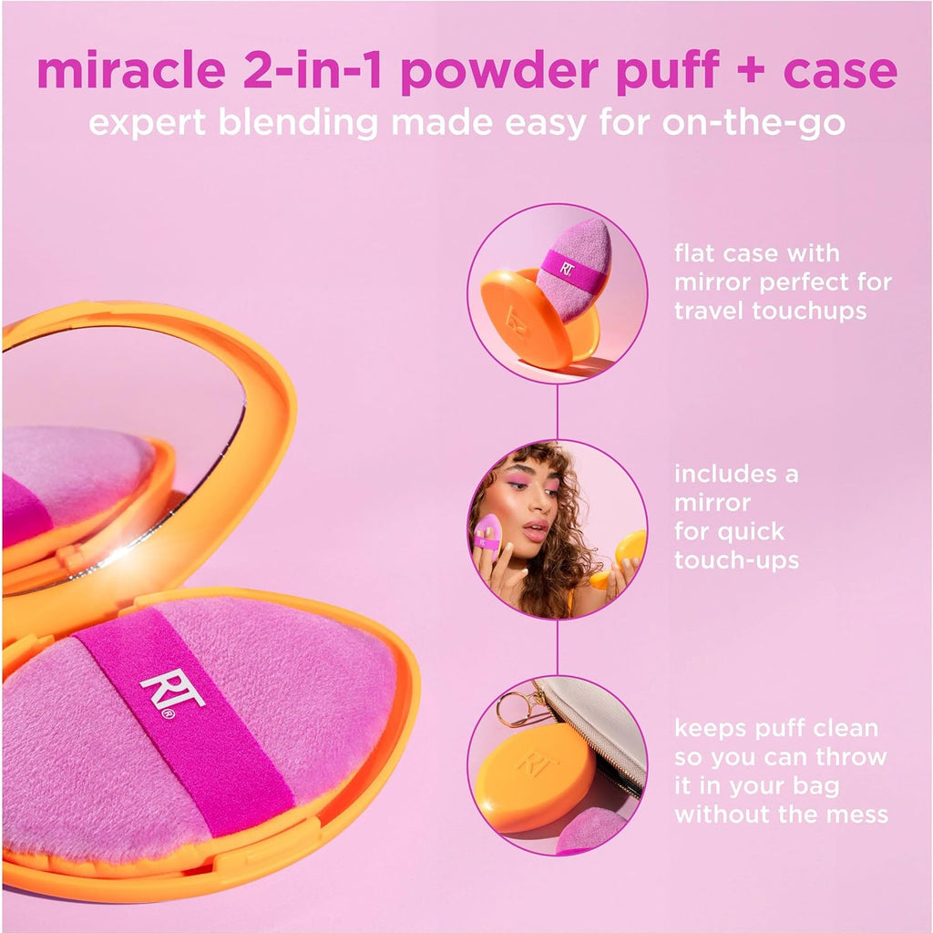 Real Techniques Miracle 2-In-1 Powder Puff + Travel Case, Dual-Sided Makeup Blending Puff, Elastic Band, Precision Makeup Sponge & Powder Puff, For Liquid, Cream & Powders, Travel Case, 2 Count