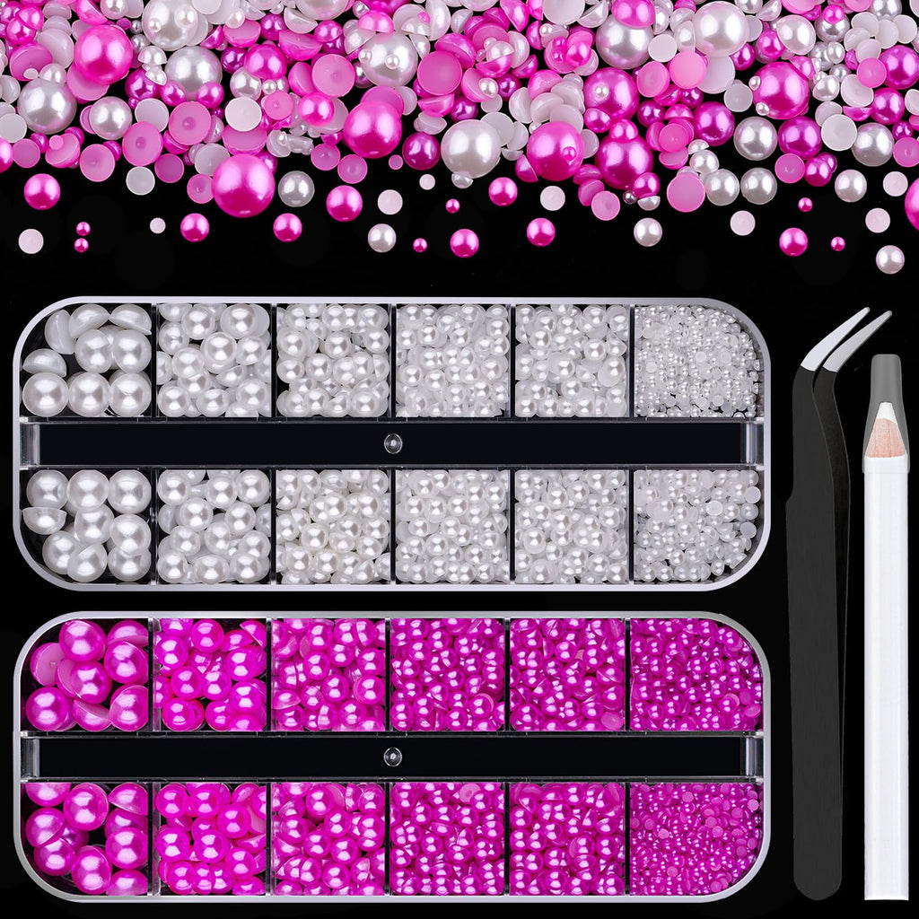 2 Boxes Flat Back Pearls Kit 9 2-8mm Flatback White&Rose Red Half Round Pearls with Pickup Pencil and Tweezer for Home DIY and Nail Art, Face Makeup and Craft