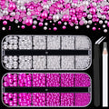 2 Boxes Flat Back Pearls Kit 9 2-8mm Flatback White&Rose Red Half Round Pearls with Pickup Pencil and Tweezer for Home DIY and Nail Art, Face Makeup and Craft