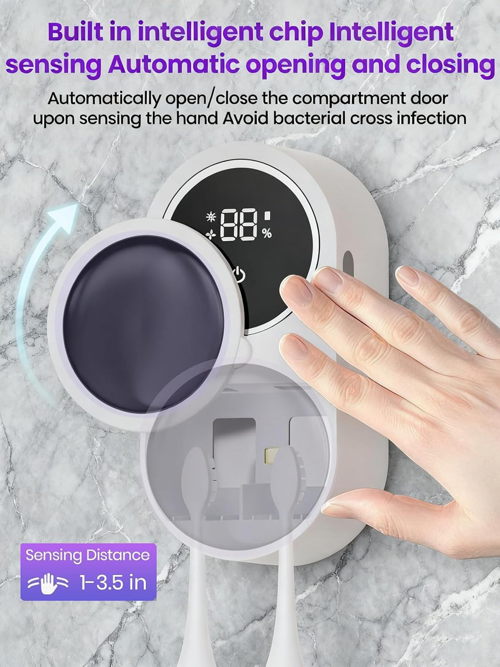 KLUEHOME UV Toothbrush Sanitizer & Holder,Dryer for Bathroom, LED Smart Screen, Cleaning and Air Drying, Mirror Wall Mounted,Fits Most Electric, Manual and Kids’ Toothbrushes