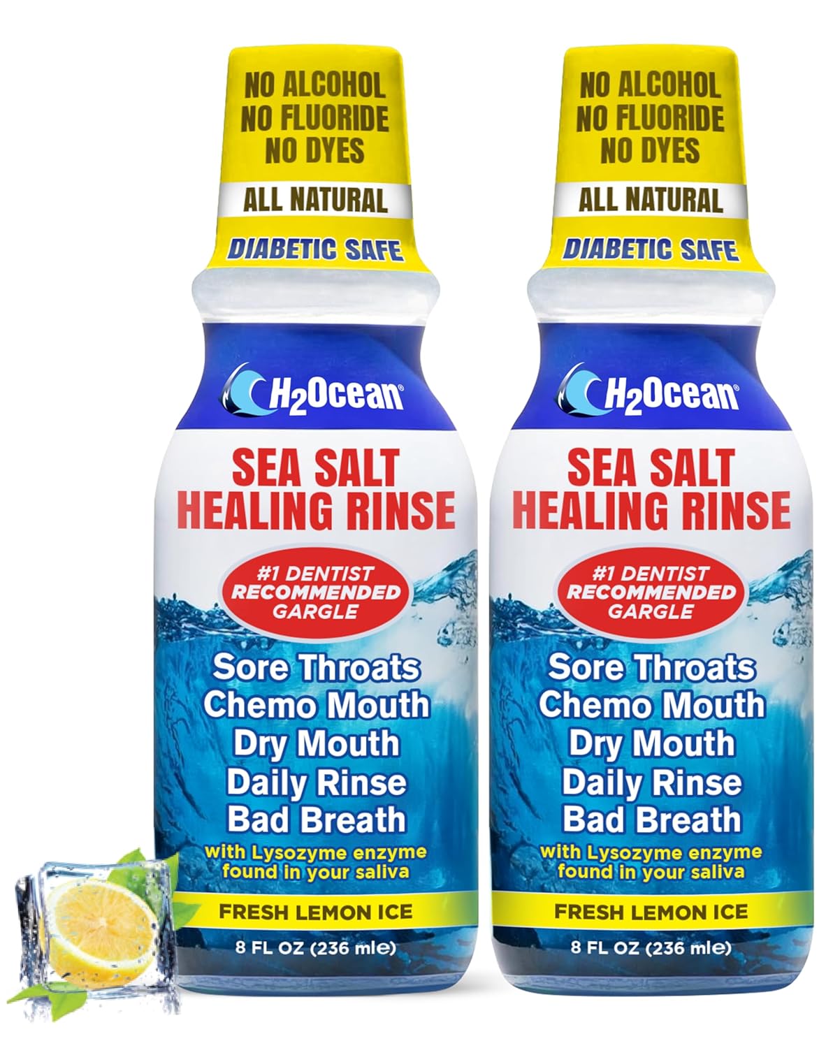 H2Ocean Healing Rinse Natural Sea Salt Oral Care - Mouth Rinse for Oral Care - Great for Piercings, Sore Throats & Gum Health - Alcohol- & Fluoride-Free Mouthwash - Lemon Ice, 8 oz (Pack of 2)