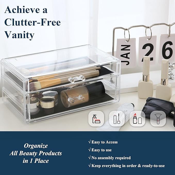 Sea Team Clear Makeup Organizer with Drawers, Acrylic Plastic Cosmetic Display Case, Jewelry Storage Box, Holder for Dresser, Bathroom, Vanity, Countertop (1 Large, 1 Middle Drawers)