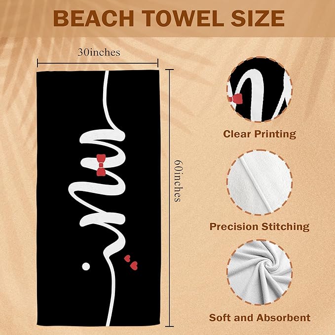 Black Mr Groom Beach Towel, Wedding Beach Party Pool Towels, Just Married Honeymoon Wedding Gifts Large Bath Travel Towels for Newlywed Couple, Honeymoon Mr and Mrs Groom Gifts, 30x60in