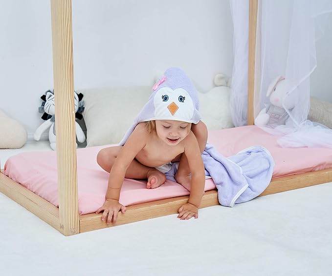 HIPHOP PANDA Hooded Towel - Rayon Made from Bamboo, Bath Towel with Bear Ears for Newborn, Babie, Toddler, Infant - Absorbent Large Baby Towel - Purple Penguin, 30 x 30 Inch