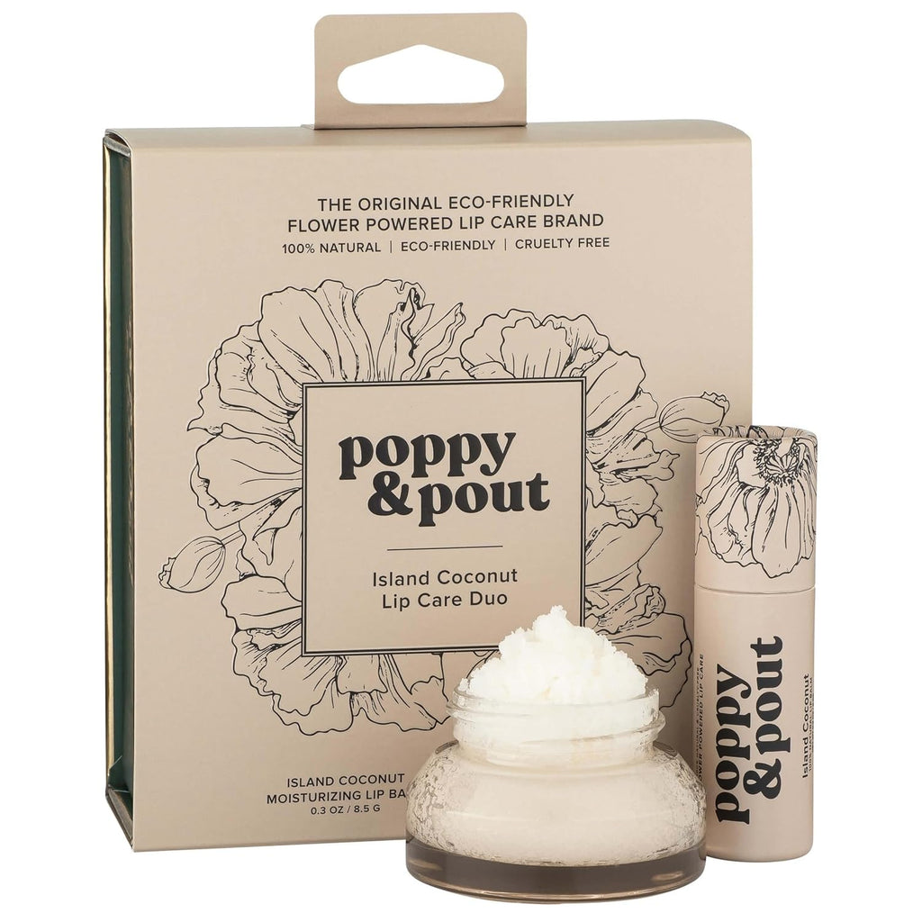 Poppy & Pout Lip Care Set | Lip Balm & Scrub | Sustainable Cardboard Tubes & Glass Jars, All Natural, Beeswax, Coconut Oil, Cruelty Free, Exfoliating & Moisturizing Lip Treatment (Island Coconut)