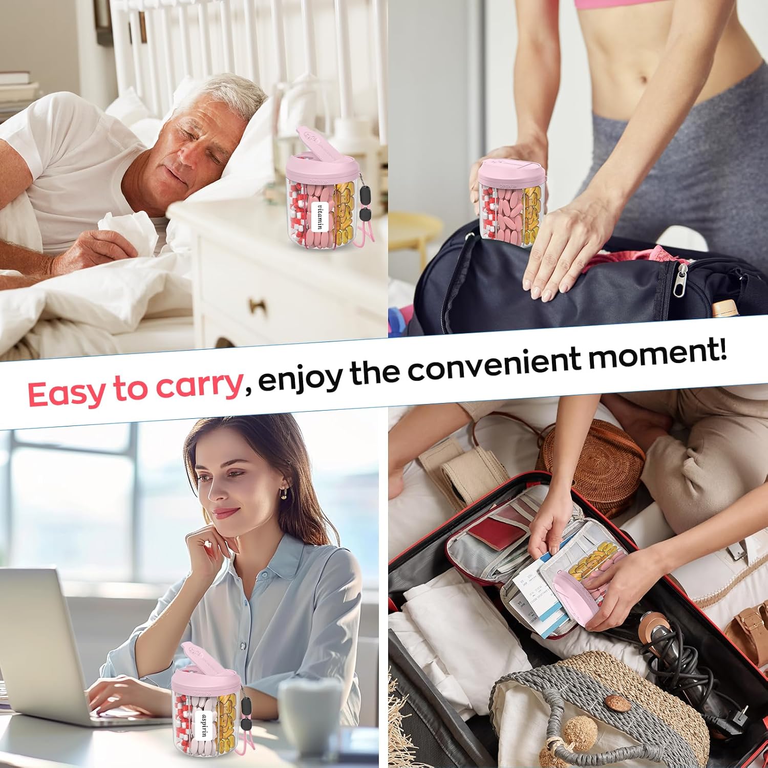 Pill Dispenser with 7 Large Compartments, Pill Organizer for Travel with Anti-Mixing Design, BPA-Free Pill Container with 20 Pcs Labels, Pink