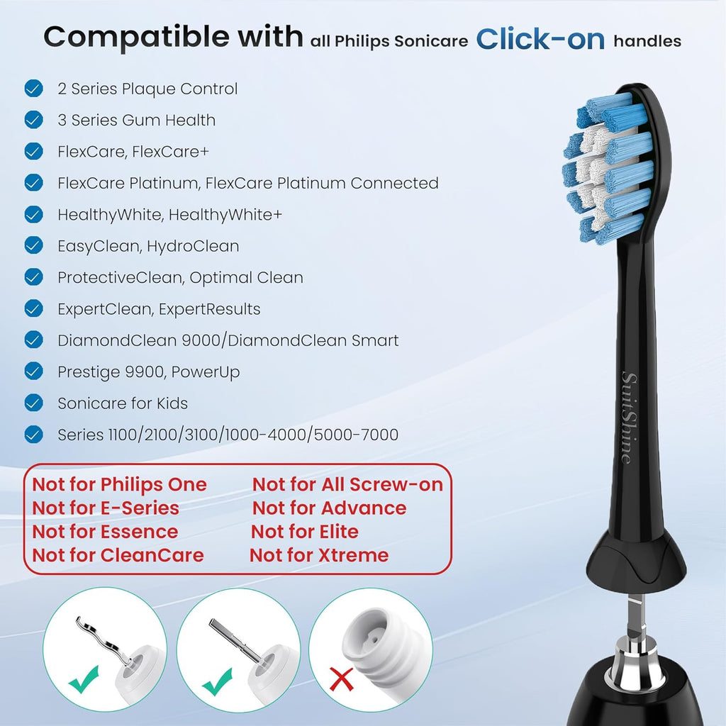 Replacement Toothbrush Heads Compatible with Philips Sonicare and More Click-on Handles 8 Pack Black
