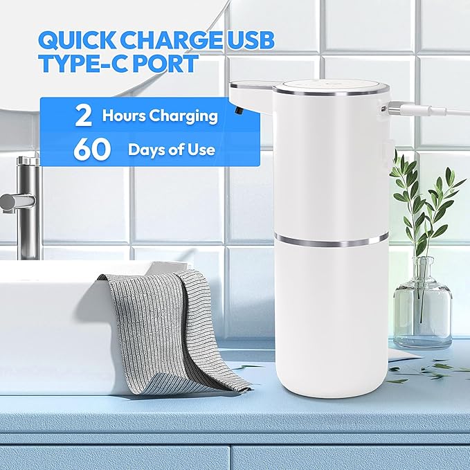 2 Pack Automatic Foaming Soap Dispenser,Touchless Foam Soap Dispenser,12.8oz Rechargeabled Wall Mounted Smart for Bathroom and Kitchen Dish Soap,Easy for Toddlers(White)