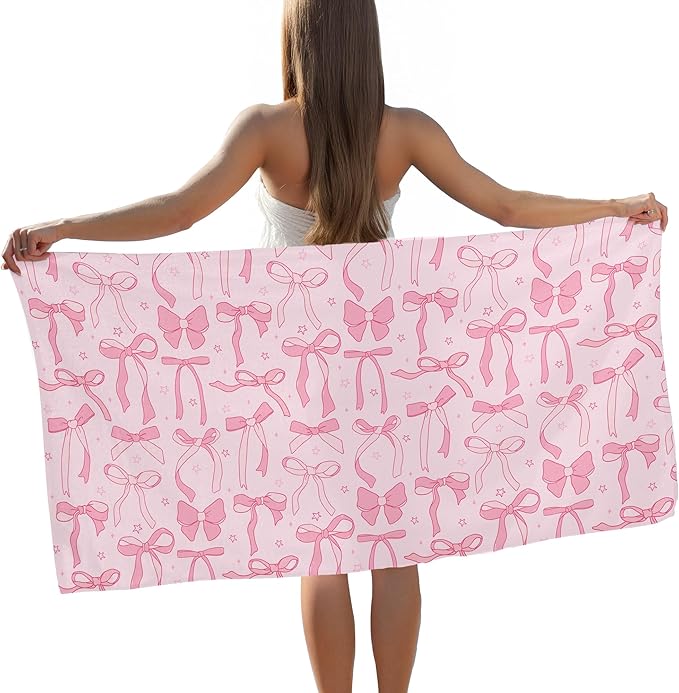 Pink Preppy Bow Beach Towel, Pink Girly Pool Towels, Preppy Coquette Bow Large Beach Bath Travel Towels for Teen Girls Women Swimming, Coquette Girly Bows Bathroom Accessories Decor, 30x60in