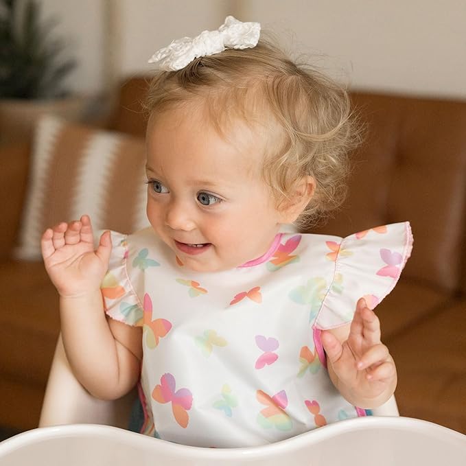 Tiny Twinkle Mess-Proof Baby Bibs for Eating | Waterproof, Wipeable Toddler Bibs with Catch-All Pocket | Feeding Bibs for Girls & Boys(3 Pack,Butterfly)