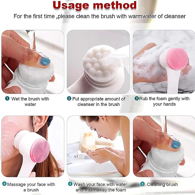 2 Pcs Face Washing Brushes, 2 in 1 Silicone Facial Cleansing Brush with Super Soft Bristles, Silicone Scrubber Face for Deep Pore Cleansing, Massage, Exfoliator, Skincare Makeup Removal(Pink, Blue)